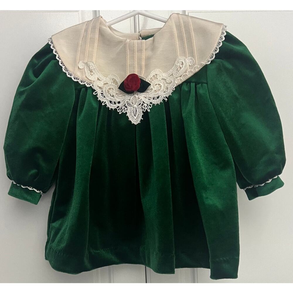 Vintage Thomas Baby Girl Green Velour Dress Satin Lace Collar Size 6 Months